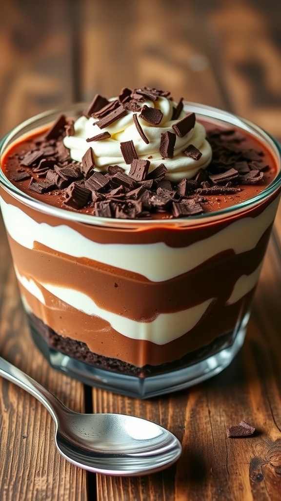 Layered chocolate lasagna dessert garnished with chocolate shavings in a glass dish.
